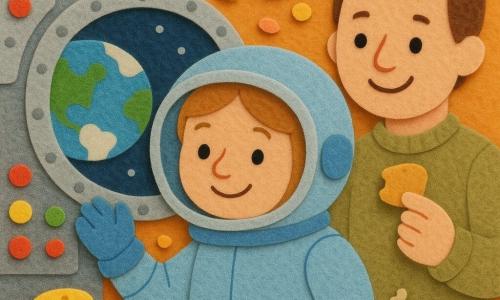 Die Astronautin Lisa, lächelnd und erstaunt, in einem weichen blauen Raumanzug mit sichtbaren Nähten und großem glänzendem Rundhelm, schaut mit einer Hand am Bullauge die ferne blaue-weiße Erde an; der etwa 35-jährige Astronaut Tom mit kurzen braunen Haaren lächelt, steht leicht links hinter ihr und hält ein kleines schwebendes Stück Brot; das Innenraum ist silbern mit großen bunten Knöpfen, blinkenden runden Lichtern und einem großen Bullauge, kleine schwebende Lebensmittel umgeben die beiden, Filzoptik, kräftige Farben, einfache Formen und weiche Konturen für Kleinkinder.
