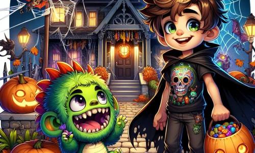 Un chico de 11 años, Lucas, está en el centro de la imagen, con el cabello castaño desordenado y una gran sonrisa. Lleva un disfraz de héroe de terror, con una capa negra y una camiseta decorada con una calavera colorida. Sus ojos brillan de emoción mientras sostiene una gran bolsa llena de dulces. A su lado, su mejor amigo, Martín, también de 11 años, está disfrazado de monstruo peludo, con pelaje verde y ojos redondos. Ríe alegremente, sosteniendo una pequeña linterna que ilumina su camino. Al fondo, una casa antigua y misteriosa está decorada con telarañas y calabazas luminosas, creando una atmósfera festiva y ligeramente aterradora. Lucas y Martín, rodeados de sus amigos, se acercan a la puerta de la casa, listos para pedir dulces, con emoción y anticipación en sus rostros, mientras la ambientación de Halloween los rodea.