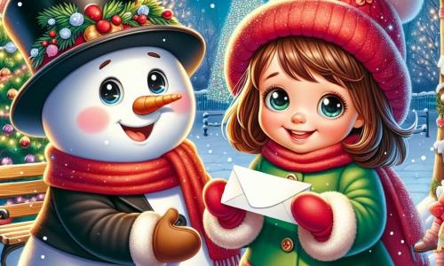 An illustration depicts a joyful little girl with brown hair and rosy cheeks, wearing a bright green coat and a red hat. She is smiling widely, holding a small piece of paper in her hands, her eyes sparkling with excitement. Next to her, a smiling snowman with a black top hat and a red scarf raises his arms in joy, his button eyes shining with friendship. In the background, a magical winter park is adorned with twinkling lights, featuring a large illuminated Christmas tree surrounded by gently falling snowflakes. The little girl is handing a letter to a jovial man in red, sitting on a large wooden chair decorated with garlands. The atmosphere is festive, filled with Christmas magic, with children playing in the snow and bright stars in the night sky.
