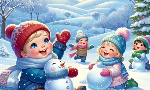 Ein einjähriger Junge mit roten Wangen und funkelnden Augen trägt einen niedlichen roten Hut und einen blauen Mantel. Er sitzt im Schnee, lacht vor Freude und hebt die Arme zum Himmel. Neben ihm sitzt ein drei Jahre altes Mädchen mit einem hübschen blauen Schal und rosa Handschuhen, das ihm lachend einen Schneeball zuwirft. Ein vierjähriger Junge mit grünen Handschuhen und einer gelben Mütze rollt konzentriert und amüsiert einen großen Schneemann. Die Szene spielt in einer zauberhaften Winterlandschaft mit schneebedeckten Bäumen, einem hellblauen Himmel und sanft fallenden Schneeflocken. In der Ferne verleihen weiße Hügel der Wintermagie zusätzlichen Glanz. Die Kinder haben Spaß beim Bau eines großen Schneemanns und schaffen fröhliche Erinnerungen an einen perfekten Wintertag.
