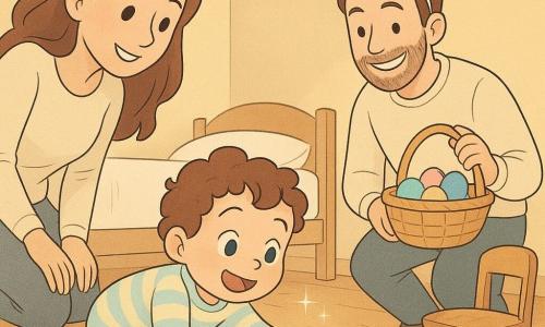 A joyful, curious 2-year-old boy with curly brown hair and blue eyes in pastel striped pajamas crawls and reaches for a glittering egg rolling under the bed while his smiling mother (about 28) with long chestnut hair in a cream sweater crouches to his left and looks at him tenderly, and his amused father (about 30) with a light beard wearing a bunny-ear headband stands behind a small wooden chair holding a wicker basket of pink, blue, and yellow plastic eggs; the bedroom is bathed in golden morning light with cream walls, light wood floor, a small wooden chair, a basket of eggs, and a white fluffy rug under the bed—a warm, cozy Easter morning with pastel colors, soft textures, clear expressions, and simple gestures.