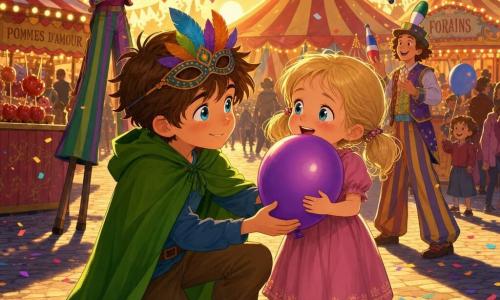 A kind moment at a colorful carnival: a 10-year-old boy with a round face, messy brown hair, sparkling light-blue eyes, a bright green cape and a feathered mask kneels with a gentle smile to offer a large purple balloon to a relieved, amazed 6-year-old girl with blonde pigtails and pink cheeks; behind them lively carnival tents, bunting, candy stalls, stilt walkers and jugglers, confetti and golden sunset light.