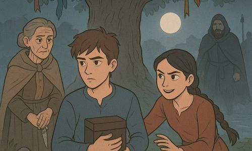A teenage boy (~16) with tousled brown hair and a reserved, determined expression holds a small dark wooden box to his chest as a soft silvery light from an old oak envelops him; to his right Branwen (~16), braided black hair, reaches to support him, and behind them an elderly guardian woman (~70) with gray hair in a bun and a small bone-handled knife watches kindly, while in the distance the antagonist Ragnulf (~35) looms in shadow with a torn dark coat and blurred soldiers; the scene is a sanctuary by a misty riverside under a silver moon, with gnarled roots, rune-carved stones and ribbons on the branches, showing the boy who has just received a memory and the tense stand-off between the protective trio and Ragnulf.