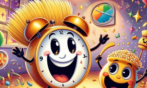 Tic-Tac, um alegre relógio de parede com um grande sorriso e olhos brilhantes, dança entusiasticamente, suas agulhas girando rapidamente, cercado por cores vivas e confetes. Vassourinha, uma vassoura animada com cabelos de palha e um rosto sorridente, se move balançando seu cabo, pronta para dançar enquanto varre o chão com alegria. Pipoquinha, uma pequena panela redonda com olhos grandes e uma boca sorridente, salta no lugar estourando grãos de milho em explosões de alegria, criando uma chuva de pipoca ao seu redor. A cena ocorre em uma sala acolhedora e festiva, decorada com guirlandas brilhantes, balões coloridos e um grande relógio na parede que marca meia-noite, com estrelas de papel suspensas no teto. Nesta ilustração, Tic-Tac e seus amigos celebram juntos a festa de Ano Novo, cercados de risadas e magia, prontos para fazer resoluções alegres para o ano que vem.
