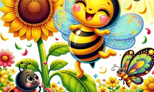 An illustration depicts a cheerful little character, a bee with a striped yellow and black body, shimmering translucent wings, and a big smile, dancing around a large sunflower. Next to it, a small red ladybug with black spots and sparkling eyes claps its wings while standing on a green leaf. A colorful butterfly with rainbow-patterned wings joyfully flies above, adding a touch of magic to the scene. The main setting is a sunny flower village filled with bright, colorful flowers, their petals dancing in the breeze under a clear blue sky. The main situation shows the bee celebrating its birthday, surrounded by friends in a festive and joyful atmosphere, with flower petals flying in the air like confetti. Additional elements include flower garlands, golden rays of sunlight illuminating the scene, and a feeling of shared happiness among all the characters.