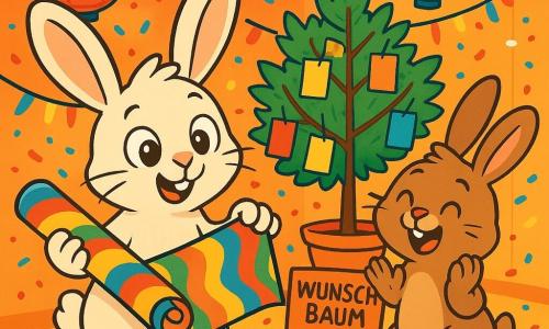 Pelle, ein kleiner Hase mit großen Ohren und weichem, seidig glänzendem Fell, steht im Mittelpunkt des Bildes, seine Augen leuchten vor Aufregung, während er eine mit bunten Farben verzierte Papierrolle hält. Neben ihm lächelt Max, ein weiterer Hase mit braunem Fell und runden Wangen, begeistert und hebt seine Pfoten, als würde er die Idee seines Freundes applaudieren. Der Hintergrund zeigt einen Festsaal, der mit funkelnden Girlanden und bunten Laternen geschmückt ist, in der Mitte steht ein großer Wunschbaum, der mit an den Zweigen hängenden Glückwunschkarten dekoriert ist. Die Szene wird von sanft fallenden Konfetti belebt, die eine festliche und fröhliche Atmosphäre schaffen. Pelle und Max bereiten die große Silvesterfeier vor, umgeben von Lachen und Farben, bereit, ihr Glück mit all ihren Freunden zu teilen.