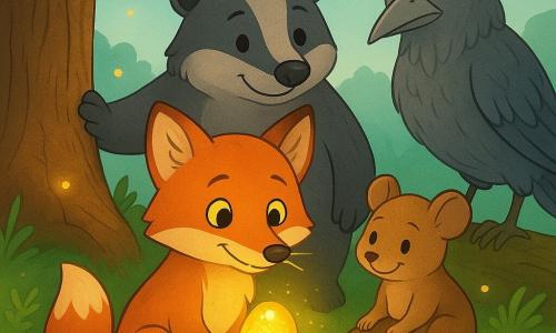 Ein junger roter Fuchs (Hauptfigur) mit bernsteinfarbenen Augen hält scheu und stolz einen kleinen goldenen Leuchtstein im Maul, dessen Licht seine Schnurrhaare streichelt; eine kleine haselnussfarbene Maus (Lila) sitzt glücklich an ihm mit den Vorderpfoten auf einer Wurzel; ein gedrungener Dachs (Brumm) mit dunklem Fell steht schützend dahinter und stützt eine Pfote auf einen Baumstamm; ein großer aschgrauer Vogel (Aschenvogel) mit zerzausten Federn sitzt zurückhaltend und blickt zu; die Szene spielt auf einem Hügel unter einer alten Eiche mit Gras, Farnen, roten Pilzen und schwebenden Glühwürmchen, der Fuchs legt den Leuchtstein in eine Mulde, die Tiere versammeln sich, Stimmung von wiedergewonnener Freundschaft, warme Beleuchtung, klare Konturen und einfache, kinderfreundliche Formen, zentrierte Komposition