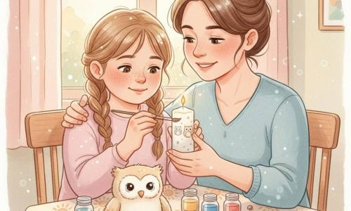 Ein 10-jähriges Mädchen mit rundem Gesicht und Sommersprossen, hellbraunen Zöpfen, hoffnungsvollem Blick und schüchternem Lächeln bemalt eine weiße Kerze mit kleinen Eulen und Sternen; die etwa 35-jährige Mutter mit braunen Haaren zum Dutt, sanftem, beruhigendem Ausdruck sitzt rechts, hilft die Kerze zu halten und bewundert die Zeichnung; ein Plüsch-Eulchen namens Wuschel mit cremefarbenem Fell und gestickten Augen liegt auf dem Tisch als stiller Begleiter; helle Holztischplatte mit sonnigem Wachstuch, Farbtopfe, Pinseln, Glitzer, ein kleines erloschenes Feuerzeug neben einer Streichholzschachtel; warme Nachmittagsstimmung, goldenes Licht durchs Fenster, pastellfarbene Wände, weiche Schatten — intime, lichtdurchflutete Szene, Mutter und Tochter dekorieren gemeinsam eine „Hoffnungskerze“ in einer zärtlichen, kreativen Geste.
