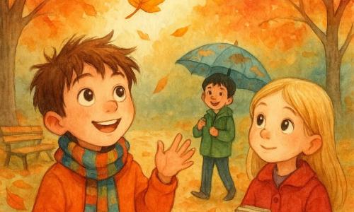 Un niño de 8 años, llamado Mateo, con cabello castaño despeinado y ojos curiosos, está en un parque otoñal. Lleva una chaqueta naranja brillante y una bufanda colorida, y sonríe maravillado al ver una hoja dorada girar en el aire. Junto a él, una niña de 8 años, Lucía, con cabello rubio y una chaqueta roja, también observa la hoja con una mirada fascinada. Sostiene un pequeño cuaderno de bocetos en sus manos. Al fondo, un niño de 8 años, Marco, con cabello negro y un abrigo verde, sostiene un paraguas decorado con dinosaurios, con una expresión divertida. Están en un parque con árboles de hojas rojas, amarillas y naranjas, con bancos de madera y senderos cubiertos de hojas. La escena principal muestra a los niños rodeados de hojas giratorias, capturando la magia y la belleza del otoño con colores vivos y cálidos.