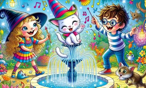 Una ragazza di 8 anni, Ginevra, con lunghi capelli ricci e occhi pieni di curiosità, si trova al centro dell'immagine, con un grande sorriso sul viso, tenendo un gattino bianco con un piccolo cappello da strega tra le braccia. A destra, Marco, un ragazzo dai capelli castani disordinati e con gli occhiali, osserva con meraviglia una pianta colorata che danza, mentre a sinistra, Sofia, una ragazza con capelli biondi intrecciati, disegna note musicali nell'aria con un'espressione concentrata e gioiosa. Lo sfondo è un giardino magico, pieno di fiori brillanti dai colori vivaci, alberi dalle forme strane che sembrano danzare e una fontana scintillante al centro, da cui sgorga acqua luminosa. La scena principale mostra Ginevra, Marco e Sofia che cantano e danzano allegramente intorno alla fontana, con uccelli colorati che volano sopra di loro, creando un'atmosfera festosa e incantata.