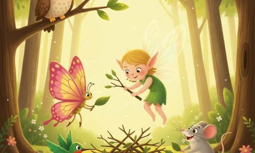 La protagonista es una pequeña criatura alada tipo hada-duende, luminosa y curiosa, cara redonda, orejas puntiagudas y alas translúcidas iridiscentes; sonríe concentrada mientras levanta delicadamente una rama con ambas manos, acompañada por Miro, un gran búho sabio de plumaje marrón y crema posado a la izquierda observando con benevolencia; Nilo, un colibrí ágil de plumaje verde esmeralda y garganta roja, vuela cerca del suelo empujando una rama con el pico; Fina, una gran mariposa de alas rosas y amarillas, expresa concentración y levanta una hoja con sus patas finas junto a la criatura; Bebo, un ratoncito gris de campo, valiente y alegre, empuja hojas desde la derecha al pie del montón. Están en un sendero forestal junto a una laguna iridiscente, suelo cubierto de musgo y flores, troncos texturados y luz dorada filtrándose entre el follaje; la escena muestra al grupo despejando una barricada de ramas y hojas en una composición circular, dinámica y optimista.
