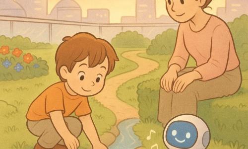 Four-year-old Leo, calm and amazed with big bright eyes and soft brown hair, crouches and touches the clear water of a narrow stream with an open palm while his gently smiling mother, about 30, hair in a loose bun and wearing simple pastel clothes, sits on a grassy bench beside him with a caring gaze; a small round robot named Dot with a matte white metal surface, a smiling face on its screen and two tiny wheels sits near Leo’s feet, blinking and playing soft notes; the scene is a peaceful, warm-toned futuristic rooftop garden at dusk with green paths, plush grass, red and blue flowerbeds, low shrubs, polished stones along the stream and shiny buildings in the pastel sky background.