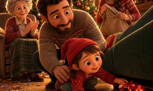 A joyful 4-year-old girl, Lily, round-faced with rosy cheeks and large bright eyes, wearing a short pigtail, a red bonnet with a small bell, is crouched reaching under a dark green sofa to pull out a shiny red ribbon as torn wrapping paper falls like confetti; beside her a bearded father in his mid-30s in a warm sweater crouches with a reassuring hand on her shoulder, a braided-haired mother in her early 30s stands smiling behind them holding a crumpled cloth bag near a decorated Christmas tree, and a small gray-haired grandmother in her mid-60s sits clapping softly to the left; the cozy living room features a large illuminated tree with red and gold baubles, sparkling garlands, colorful gifts on a light wood floor, and warm golden lighting highlighting soft textures and the bell and ribbon.