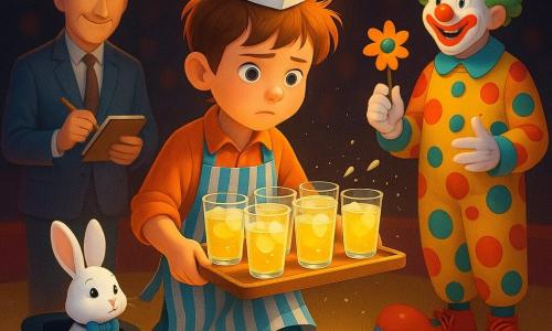 Milo, a 10-year-old boy with tousled brown hair and a focused, slightly worried face, bright eyes, wearing an oversized striped apron and a small paper hat, carries a wooden tray with eight trembling lemonade cups across a round circus ring covered in golden sawdust under a warm spotlight; Mr. Pindle, a smiling man of about 40 with salt-and-pepper hair and simple suit, stands left clapping softly with a notebook and pencil; a clown in his 30s with colorful makeup watches and smiles, holding a squirting fake flower, oversized shoes near the ring’s edge; a curious white rabbit with a blue bow tie emerges from a black hat at the front near the tray. Dark blurred stands and red bunting with string lights hang above; the mood is tense yet festive, motion captured with light splashes and suspended sawdust, saturated soft colors, paper and mesh textures, clear shapes and readable silhouettes in a childlike modern style.