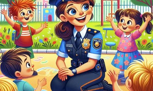 O polițistă zâmbitoare, Claudia, este în centrul imaginii, îmbrăcată într-un uniformă bleu marin cu un insignă strălucitoare pe piept. Are părul castaniu prins în coc și ochii strălucind de bucurie, în timp ce se apleacă pentru a vorbi cu un grup de copii mici. Printre copii se află Andrei, un băiat de 8 ani cu părul roșcat și un tricou roșu, care ridică mâna cu entuziasm pentru a pune o întrebare. Lângă el, Maria, o fetiță de 7 ani cu codițe și o rochie cu flori, ascultă atentă, cu ochii mari deschiși, plină de admirație pentru polițistă. Scena se desfășoară într-o curte de școală însorită, înconjurată de copaci verzi și jocuri colorate. Desene cu cretă colorată decorează solul, adăugând o notă veselă mediului. Claudia explică cu pasiune meseria de polițist, în timp ce copiii participă activ la un joc de rol, imaginând scenarii în care trebuie să rezolve probleme în comunitatea lor.