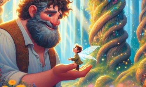 A kind giant named Benny, with a tall stature, curly hair, and a soft beard, stands at the center of the scene, displaying a warm smile and sparkling kind eyes. He is crouched down, reaching out to a small shimmering dragon, Sparkle, who has scales that shine like stars and delicate wings. Sparkle, a little dragon, is perched on Benny's shoulder, her eyes filled with wonder as she looks at her new friend. The setting is a magical forest with gigantic, gnarled trees and colorful leaves dancing in the wind. Bright flowers bloom around them, and a gentle ray of sunlight filters through the foliage, creating glowing patterns on the ground. The main situation shows Benny and Sparkle meeting for the first time, with Benny kneeling to listen to Sparkle, who tells him she is lost. The atmosphere is filled with magic and friendship, with glimmers of light sparkling around them, symbolizing hope and discovery.