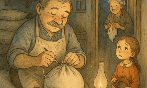 A round-faced baker with a grey moustache, tired but gentle eyes and a focused, serene expression mends a large flour sack by moonlight; he wears a stained beige apron and his hands are dusted with flour. Elsie, about seven, with light-brown braided hair and an amazed look, holds a small broken basket a few steps from the baker. An elderly neighbor woman of about seventy, white hair in a bun, smiles from an open window holding a dishcloth in the background. The village bakery backroom has worn wooden floors, stacked flour sacks and shelves with jars; silver moonlight through a small pane contrasts with the warm glow of an oil lamp. The intimate nocturnal repair—needle and thread, a sewn patch, flour dust drifting like quiet snow—is rendered in delicate ink lines and soft watercolor wash, warm ochre and beige palette with silver and night-blue accents, visible wood and fabric textures; centered medium shot on the baker, peaceful, reassuring atmosphere.