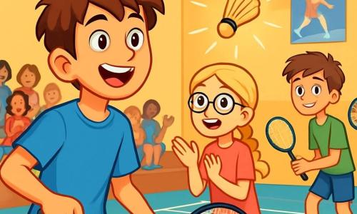 A 12-year-old boy, Ethan, with messy brown hair and a radiant smile, stands on a badminton court. He is wearing a bright blue t-shirt and black shorts, firmly holding his racket, ready to hit a golden shuttlecock shimmering in the air. Next to him, his best friend Mia, a 12-year-old girl with braided blonde hair and glasses, enthusiastically claps, wearing a pink t-shirt and yellow shorts. A little further away, Jake, a 12-year-old boy with brown hair and a mischievous smile, prepares to serve, dressed in a green t-shirt and blue shorts. The setting is a bright gymnasium with yellow-painted walls and white lines marking the court. Enthusiastic spectators sit on wooden benches, while posters of famous badminton players decorate the walls. The main scene shows Ethan, focused and determined, about to make a decisive shot, with the golden shuttlecock floating just in front of him, symbolizing the magic and excitement of the moment.