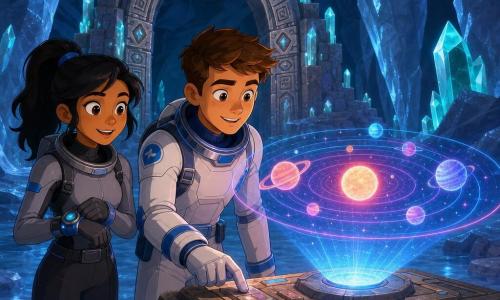 A young man named Leo, about 20, enthusiastic and focused with short brown hair in a white spacesuit with blue details, presses an ancient panel while looking at a glowing hologram; slightly behind him to his left is Zara, about 22, with black hair in a ponytail in a gray spacesuit, excited, hand on her control bracelet watching the display. They are alone in an underground chamber on Ganymede with polished ice walls streaked with silver, crystalline pillars emitting a blue-green glow, a sparkling icy floor, small rocky benches and cryogenic dust; an arch engraved with ancient symbols and covered in translucent crystals sits on one wall. At the center an old metallic console activates, projecting a colorful holographic map of the solar system in neon pink and cyan lighting their faces. The mood is wonder and discovery, strong contrast between the cave’s cold darkness and the hologram’s warm light. Visual style: 3D cartoon, crisp cel-shading, saturated colors, soft shadows, readable childlike facial expressions.