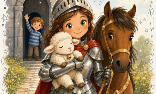 A smiling, tender female knight with a soft helmet and bright red cape holds a white, fluffy lamb against her chest; she has a round face, large green eyes, light freckles and polished warm-toned armor. A small boy in a blue striped shirt waves from a large gray stone gate behind them. A calm bay horse stands beside her with golden reins in her left hand. The paved road to the tall stone gate is bordered by yellow wildflowers and green grass under a soft morning sky; the knight has just found the lost lamb and warms it in her cape, tiny sparks of light showing joy.
