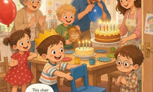 Four-year-old Max, short brown hair, wide smile and bright eyes, wearing a yellow paper crown and striped shirt, enthusiastically offers a blue chair to shy four-year-old Kai—small with round glasses and a plaid shirt—while four-year-old Mia, hair in pigtails and a red polka-dot dress, smiles holding a red balloon to Max’s left; five-year-old Leo, blond in a green tee, stands behind Max holding a bag of crunchy treats; Grandma with gray hair in a bun and a beige cardigan sits clapping in the background; Dad, bearded in a blue shirt, leans in on the right blowing up a balloon; Mom, chestnut-haired in a pastel apron, brings a vanilla cake with yellow frosting and lit candles facing Max. Warm, colorful kitchen with a light wood table, colorful plates, paper garlands, red and blue balloons, soft morning light; tender moment as Max offers his spare chair, everyone radiant around the glowing cake. Soft comic style, thin outlines, vivid pastels, paper textures and warm lighting, clear facial expressions and positive emotions.