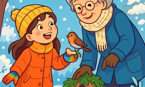 Una ragazza di 10 anni, Clara, con lunghi capelli castani e guance arrossate dal freddo, sorride con meraviglia osservando la neve che cade dolcemente attorno a lei. Indossa un grande cappotto arancione vivo, guanti di lana colorati e stivali foderati, mentre tiene un piccolo pezzo di mela per un uccello. Accanto a lei, sua nonna, una donna anziana con capelli grigi e occhiali rotondi, sorride teneramente, vestita con un cappotto di lana blu e una sciarpa lavorata a maglia. Si piega leggermente verso Clara, mostrandole un riparo fatto di rami e foglie per gli animali. Il luogo è un giardino invernale incantato, con alberi coperti di neve scintillante, cespugli ornati di brina e un cielo blu chiaro punteggiato di nuvole bianche. La scena principale mostra Clara e sua nonna mentre costruiscono un piccolo rifugio per un riccio, circondate da fiocchi di neve che cadono dolcemente, creando un'atmosfera calda e magica, piena di dolcezza e benevolenza.