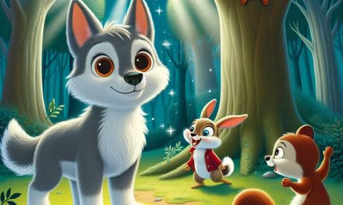 Wally, a small gray wolf with big round eyes, stands in a moonlit clearing, looking curious yet slightly apprehensive. He is ready to explore the night. Benny, a small white rabbit with large ears, is next to Wally, smiling enthusiastically with sparkling eyes. Sally, a playful squirrel with brown fur and a bushy tail, climbs a tree branch, laughing and encouraging Wally to join them. The scene takes place in an enchanted forest with tall, majestic trees whose leaves shimmer in the moonlight, while stars twinkle in the night sky, adding a touch of magic. Together, Wally, Benny, and Sally play in the darkness, turning their fear of the dark into a joyful and magical adventure.