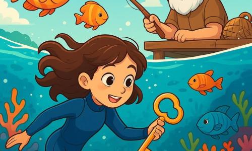 Uma menina de 12 anos, Sofia, com cabelos castanhos ondulados, usa um traje de mergulho azul. Seu rosto expressa grande curiosidade e admiração enquanto explora o fundo do mar. Ela nada graciosamente, cercada por peixes coloridos que dançam ao seu redor. Perto dali, seu avô, um homem idoso com barba branca e óculos redondos, observa Sofia da superfície, com um sorriso orgulhoso no rosto. Ele segura uma vara de pescar e está em um cais, cercado por redes de pesca e velhas lembranças do mar. O local é um recife de corais vibrante, cheio de corais multicoloridos e pequenas cavernas subaquáticas. Raios de luz filtram através da água, iluminando as algas e as criaturas marinhas. Sofia descobre uma chave dourada brilhante enterrada entre os corais, com o coração acelerado de excitação sobre o que isso pode significar.