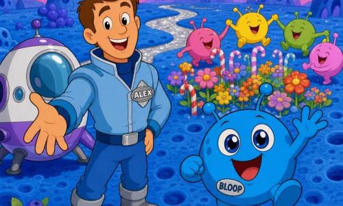 A smiling, amazed man named Alex with short brown hair and a light-blue space jacket with a silver insignia reaches toward a small creature beside his small round white-and-purple ship; to his right Bloop, a round blue creature with big shiny eyes and tiny antennae, hops and waves while laughing; Bloop’s friends—small pink, yellow, and green balls—dance in a circle around a field of multicolored, candy-cane-like flowers on a blueberry-like planet with bouncy sponge-textured ground, pink cottony clouds, sparkling silver rivers and gentle mountains; Alex has just landed and joins a joyful celebration with the blue inhabitants, bell music and floating string lights, in bright colors, rounded outlines, soft lighting and very readable expressions for toddlers.