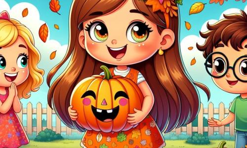 Uma menina de 8 anos, Clara, com longos cabelos castanhos e olhos brilhantes de curiosidade, está no centro da imagem, sorridente e cheia de energia. Ela usa um vestido laranja vivo decorado com padrões de folhas de outono e segura uma grande abóbora decorada com um rosto engraçado, que exibe orgulhosamente para seus amigos. Ao lado dela, Sofie, uma menina de 8 anos com cabelos loiros e cacheados, ri enquanto segura um pequeno galho decorado com folhas coloridas, adicionando um toque de magia à cena. Um menino chamado Miguel, também de 8 anos, está um pouco afastado, com óculos redondos e uma camiseta verde, observando a cena com um sorriso divertido, pronto para se juntar à festa. O local é um encantador pátio escolar, cercado por árvores com folhas vibrantes de vermelho, dourado e laranja, com uma grande faixa de papel pendurada entre duas árvores, anunciando o 