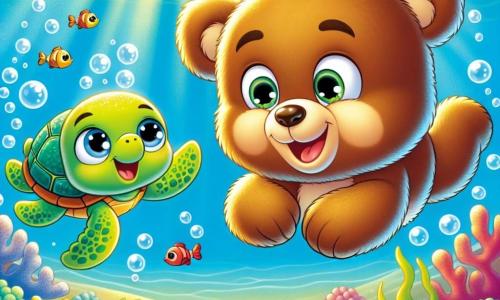 Un ursuleț de pluș adorabil, pe nume Orland, cu blană moale de culoare maro și ochi rotunzi strălucind de curiozitate, înoată vesel într-un ocean turcoaz. Zâmbește cu uimire, descoperind o lume subacvatică fascinantă. Lângă el, o mică broască țestoasă marină numită Tinu, cu un carapace verde strălucitoare și ochi plini de bucurie, plutește liniștită, arătându-i lui Orland minunile oceanului. Fundalul este plin de corali colorați, pești multicolori care dansează în jurul lor și bule de aer care se ridică spre suprafață. Lumina soarelui filtrează prin apă, creând reflexii strălucitoare pe nisipul auriu de pe fundul mării. Orland și Tinu explorează împreună acest regat magic, plini de uimire și bucurie, descoperind comori subacvatice strălucitoare.