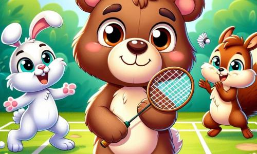 Un piccolo orso bruno, di nome Bruno, con un pelo morbido e occhi rotondi e brillanti, si trova al centro di un campo da badminton, un po' titubante ma sorridente, mentre tiene una racchetta tra le zampe. Alla sua destra, una piccola coniglietta bianca con grandi orecchie, piena di energia e gioia, lo incoraggia con un grande sorriso, pronta a giocare. A sinistra, uno scoiattolo birichino con una coda folta e occhi scintillanti applaude e salta di gioia, mostrando il suo entusiasmo. Lo scenario è una radura soleggiata, circondata da alberi verdi e fogliosi, con fiori colorati che danzano al vento. Sullo sfondo, un cielo blu chiaro aggiunge un tocco di magia alla scena. Bruno, sebbene timido, si lancia nel gioco, pronto a colpire il volano che si alza in aria, mentre i suoi amici lo incoraggiano con entusiasmo, creando un'atmosfera gioiosa e amichevole.