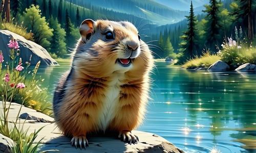 Eine kleine Murmeltiere namens Maja mit weichem braunem Fell und neugierigen Augen steht fröhlich am Ufer eines wunderschönen, funkelnden Wassers, mit einem Lächeln im Gesicht, bereit die Welt um sich herum zu erkunden. Neben ihr sitzt ein kleiner Hase mit großen Ohren, weißem Fell und traurigen Augen, der die Landschaft bewundernd betrachtet und sich durch Majas Anwesenheit getröstet fühlt. Im Hintergrund stürzt ein majestätischer Wasserfall kristallklares Wasser in ein Becken, umgeben von bunten Blumen und üppigem Grün, was eine magische und friedliche Atmosphäre schafft. Maja und der Hase stehen zusammen und bewundern die Schönheit der Landschaft, bereit, neue Abenteuer am funkelnden Wasser zu erleben.