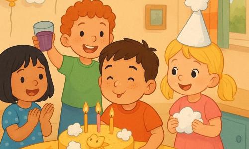 Vier Kinder: Junge Jona, 3 Jahre, kurzes braunes Haar, runde Backen mit Mehlflecken auf der Nase, hält einen kleinen Teller, steht mittig vor dem Kuchen und pustet lachend die Kerzen aus; Mädchen Mira, 3 Jahre, blonde Zöpfe, funkelnde Augen, trägt einen weißen Papierhut mit Watte-Dekor, steht rechts neben Jona und hält ein kleines Papiertuch; Mädchen Leni, fast 3, schwarzer Bob, blaues gepunktetes Kleid, steht links und klatscht freudig; Junge Sam, fast 3, lockiges rotes Haar, grünes T-Shirt, steht hinter Jona und reicht ein Glas violetten Saft. Ort: warme, bunte Küche mit runder Holztisch, gelber Tischdecke mit Sternchen, Luftballons an der Decke, Papiergirlande in Wolkenform an der Wand und weichem Licht aus einem Fenster mit gestreiftem Vorhang. Szene: intime Geburtstagsfeier; goldener runder Kuchen mit Watte‑Wolken und einer Banane als Sonnenform auf dem Tisch, vier Kinder, die lachen und den violetten Saft „Überraschungs‑Regenbogen“ trinken, sanfte, wolkenhafte Bewegungen und eine fröhliche, fühlbare Stimmung.