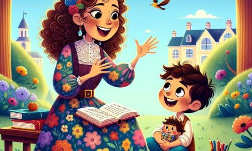 La escena muestra a una maestra, señora Elena, una mujer de unos treinta años con cabello rizado y una gran sonrisa cálida. Lleva un vestido colorido con flores y está sentada en un banco de madera, rodeada de libros y lápices, mientras cuenta una historia con entusiasmo, sus ojos brillando de alegría. A su lado está Pablo, un niño de 8 años con cabello castaño desordenado y ojos curiosos. Está sentado en el suelo, con las piernas cruzadas, escuchando atentamente, con una gran sonrisa en su rostro, sosteniendo un pequeño peluche en sus brazos. El lugar es un parque soleado, lleno de flores multicolores y árboles majestuosos, con un cielo azul claro y algunas nubes blancas. Los pájaros cantan en las ramas, añadiendo un ambiente alegre a la escena. La situación principal muestra a la señora Elena compartiendo historias cautivadoras con Pablo, quien está maravillado por sus palabras, creando un momento mágico de aprendizaje y amistad bajo el suave sol del parque.
