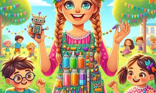 Una mujer inventora sonriente, con trenzas adornadas con pequeñas flores de colores, se encuentra en el centro de un parque soleado. Lleva un chaleco multicolor lleno de herramientas y gadgets brillantes, y su mirada radiante de alegría y entusiasmo muestra su pasión por la invención. A su derecha, un niño de 8 años, con gafas redondas y cabello despeinado, observa atentamente un robot de cartón que ha construido, con los ojos abiertos de asombro. A su izquierda, una niña de 7 años, con un vestido de lunares y dos coletas, mezcla colores vivos en un pequeño tarro, con una sonrisa radiante en su rostro. El parque está lleno de vegetación, con árboles de hojas brillantes, flores coloridas y niños jugando al fondo. Mesas cubiertas de materiales reciclados, como botellas de plástico y cartones, crean un ambiente de creatividad y colaboración. La escena principal muestra a la mujer inventora rodeada de niños, todos compartiendo sus ideas y creaciones, con risas y expresiones de emoción en sus rostros, ilustrando la magia de la invención y la imaginación.
