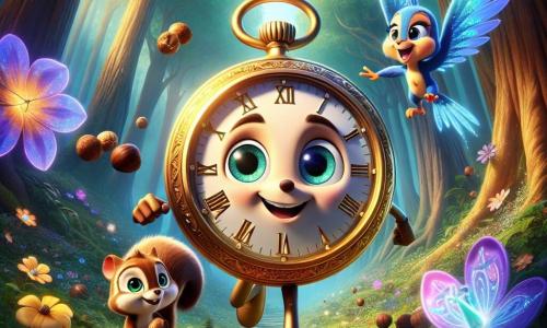 En el centro de la imagen, Tic, un pequeño y valiente reloj animado, tiene forma redonda y dorada, con engranajes brillantes visibles a través de su esfera. Muestra una expresión decidida y alegre, con sus manecillas apuntando al cielo mientras se prepara para explorar el misterioso Bosque de las Maravillas Ocultas. A su derecha, Nuez, una pequeña ardilla de ojos brillantes y pelaje marrón, está recogiendo nueces con una sonrisa traviesa, lista para seguir a su amigo en la aventura. A la izquierda, Azul, un pájaro azul brillante con plumas resplandecientes, vuela alegremente alrededor de Tic, con sus alas desplegadas y una expresión entusiasta. El decorado es un hermoso bosque encantado, con árboles de troncos gruesos y hojas de colores vibrantes, desde el verde esmeralda hasta el violeta profundo. Flores con pétalos brillantes y criaturas mágicas, como mariposas con alas de cristal, añaden un toque de fantasía al entorno. La escena principal muestra a Tic y sus amigos al borde del Bosque de las Maravillas Ocultas, listos para entrar en un mundo lleno de misterios y maravillas, con sus corazones latiendo de emoción y anticipación por la aventura que les espera.