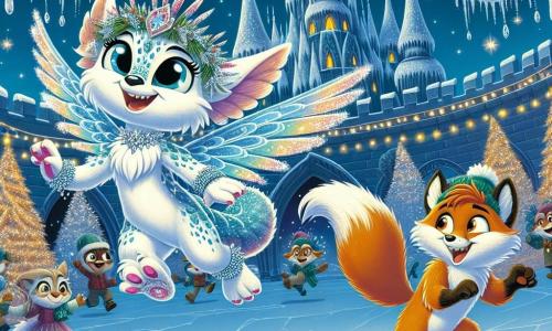 Elara, a magical creature with shimmering scales and wings bright as snow, joyfully flies above an ice palace, her face radiant with excitement and happiness as she discovers the New Year's celebration venue. Beside her, Jasper, a clever fox with bright orange fur and mischievous eyes, leaps energetically, his expression full of curiosity and enthusiasm, ready to explore this enchanted world. The ice palace is majestic, with sparkling towers under the moonlight, crystal chandeliers, and garlands of fir adorned with glistening snowflakes, creating a magical and festive atmosphere. The main scene shows Elara and Jasper, awestruck, discovering the sumptuous interior of the palace, filled with laughter and music, as villagers dance and celebrate together, illuminating the night with joyful warmth and bright light.