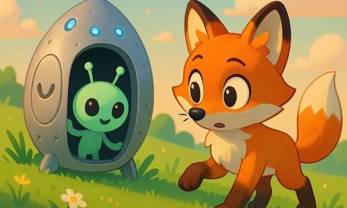 A small red fox with big curious eyes and a white chest cautiously approaches a shiny, silver, seed-shaped spaceship with a smiling hatch and blinking blue lights; a pale mint, round, friendly alien with two large black eyes and thin antennae leans out shyly as if saying hello, while they stand on a gentle, wildflower-speckled meadow with grasses that glitter like fireflies under soft late-afternoon light, creating a warm, curious first encounter.