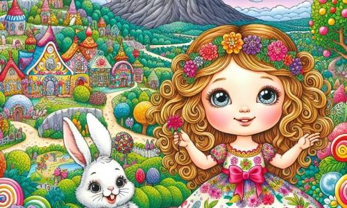 Una bambina di 3 anni, Sofia, con grandi occhi brillanti e capelli ricci dorati, si trova al centro dell'immagine, sorridente e piena di meraviglia. Indossa un vestito colorato decorato con fiori e tiene un mazzo di fiori tra le mani. Accanto a lei c'è un coniglio bianco di nome Bianchino, con lunghe orecchie e un pelo lucente, che guarda Sofia con occhi scintillanti, pronto a accompagnarla nell'avventura. Sullo sfondo, si estende un paesaggio incantevole del Regno delle Meraviglie, con case di caramelle, alberi dai frutti multicolori e un cielo blu punteggiato di nuvole morbide. La scena mostra Sofia e Bianchino che si dirigono verso una montagna scura dove si nasconde il Mago Grigio, simboleggiando l'avventura e la sfida da affrontare per ritrovare la magia dei colori.