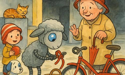 La protagonista è una piccola pecorella meccanica curiosa e dolce, corpo in tessuto grigio peluche e grande occhio luminoso blu, che tiene un pezzo di nastro rosso nel muso e si china su un cestino di una bicicletta; la signora Rosa è una vecchia sorridente con cappotto beige e ombrello rosso accartocciato, accanto alla pecorella, sollevata; Tito è un piccolo cane di porcellana macchiato di blu, tremante ma felice, seduto vicino a un’auto parcheggiata; Gino è un gatto pigro tigrato, occhio socchiuso, appoggiato a una colonna del parcheggio e osserva; Sofia è una bambina con cappellino a righe, viso arrossato dall’emozione, che tiene una palla rossa vicino alla bicicletta; il luogo è l’ingresso di un parcheggio sotterraneo che si apre sul cortile del palazzo: rampe grigie, colonne gialle, pavimento bagnato con riflessi, bicicletta rossa in primo piano e scatole impilate; la scena mostra la pecorella che scopre il nastro dell’ombrello nel cestino, circondata dai vicini e dai bambini che la osservano, atmosfera calda e curiosa, tratti a inchiostro colorato, ombre morbide e texture del tessuto visibili.