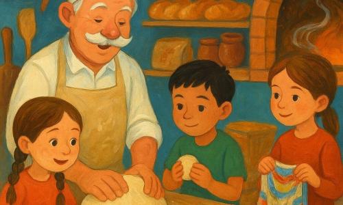 Un uomo, il fornaio Luigi, sorridente e benevolo, con baffi bianchi e grembiule beige infarinato, impasta una grande palla di pasta su un piano di legno con espressione calda e concentrata; una bambina, Sofia (circa 7 anni), con due trecce e il viso spolverato di farina, osserva estasiata e tocca leggermente la farina sul bancone a sinistra del fornaio; un ragazzo, Samir (circa 8 anni), dai capelli corti e curiosi, tiene una piccola palla di pasta davanti al fornaio, pronto a modellare il suo pane; una bambina, Emma (circa 9 anni), con capelli castani raccolti, sta vicino alla finestra a destra del bancone con un panno colorato pronta a coprire i panetti; interno della panetteria con bancone in legno chiaro, pala da forno appoggiata, sacchi di farina, stampi, giare in ceramica, scaffali pieni di pani dorati, pavimento piastrellato e luce mattutina dorata attraverso una piccola vetrina; scena principale: i bambini aiutano il fornaio a formare i pani, nuvole di farina fluttuano, piccole pagnotte posate su un panno e la porta del forno aperta che lascia uscire un bagliore arancione e volute di vapore indicate da morbide linee bianche.