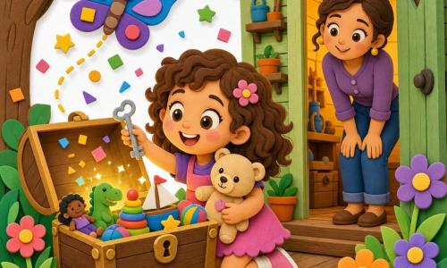 Una bambina di 4 anni, gioiosa e meravigliata, capelli castani ricci, occhi nocciola e guance rosate, tiene un orsacchiotto beige e apre sorridendo un grande baule di legno; una farfalla colorata con ali blu e viola a motivi geometrici vola sopra il baule guidandola con un movimento delicato. Una donna di circa 30 anni, capelli castani raccolti in uno chignon, osserva con sguardo tenero dalla porta del capanno vicino a un grande albero. Il vecchio capanno di legno è dipinto di verde pallido e l'interno è illuminato da una calda luce giallo-arancione, con erbe alte e fiori colorati intorno alla porta. La bambina trova nel baule giocattoli colorati e una piccola chiave argentata; il volto è illuminato e coriandoli di adesivi mostrano la gioia e la magia.