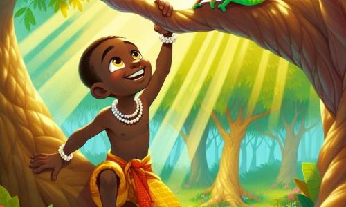 Kofi, a 15-year-old African boy, stands center stage with bright eyes and a wide smile expressing his determination and joy. He wears a colorful traditional wrap and a beaded necklace. Kofi is climbing a majestic tree, gripping a branch while looking up in wonder. At his feet, a small, brightly colored chameleon with curious round eyes watches Kofi with admiration, ready to follow him on his adventure. In the background, a lush forest filled with towering trees and vibrant green leaves surrounds them, with colorful flowers dotting the ground. A gentle ray of sunlight filters through the branches, illuminating the scene with a golden light. The main focus shows Kofi in pursuit of golden fruits at the top of the tree, symbolizing his courage and determination to accomplish his mission to help his village.