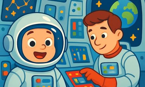 Astronauta Marek stoi w swojej rakiecie kosmicznej. Ma na sobie błyszczący hełm, który odbija gwiazdy, oraz srebrny uniform z niebieskimi detalami. Jego twarz wyraża radość i ekscytację, a oczy błyszczą ciekawością. Obok niego stoi astronauta Wiktor, około 30-letni, który bada panel sterujący. Ma brązowe włosy i podobny uniform, ale z czerwonymi akcentami. Otaczają ich świecące przyciski i ekrany z kolorowymi wykresami. Miejsce to futurystyczna kabina rakiety, wypełniona migającymi światłami i technologicznymi gadżetami. Ściany zdobią mapy gwiazd i okna z widokiem na kosmos, z migoczącymi gwiazdami i niebieską Ziemią w oddali. Marek i Wiktor sprawdzają instrumenty rakiety, uśmiechając się i współpracując, gotowi na swoją następną wielką przygodę w uniwersum.