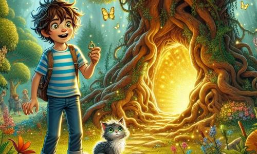 Un ragazzo di 9 anni, di nome Luca, si trova davanti a un maestoso albero di quercia, con gli occhi pieni di curiosità ed eccitazione. Ha i capelli castani in disordine, una maglietta a righe blu e pantaloni corti di jeans, e tiene in mano una piccola chiave dorata, guardando con meraviglia il suolo dove ha scoperto un portale luminoso. Accanto a lui, il suo fedele gattino Mirtillo, un piccolo gatto dai peli grigi e dagli occhi verdi brillanti, osserva attentamente l'apertura sotto l'albero, pronto a seguire il suo amico nell'avventura. Il luogo è un giardino incantevole, immerso in una luce dorata, con fiori colorati che danzano al vento e farfalle che svolazzano intorno a loro. L'albero di quercia, enorme e antico, è circondato da radici contorte e muschio verde, creando un'atmosfera magica e misteriosa. La scena principale mostra Luca, pieno di entusiasmo, che si prepara a entrare in un portale scintillante appena aperto sotto l'albero, simboleggiando l'inizio di una grande avventura in un mondo fantastico.