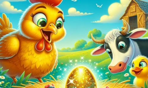 Una gallina de plumas doradas, con ojos chispeantes de curiosidad y una expresión maravillada, se encuentra en el centro de la imagen, mirando un huevo brillante bajo la paja. A su derecha, un pato de plumaje amarillo brillante, con una sonrisa traviesa, se acerca para ver el huevo. A su izquierda, una vaca de pelaje negro y blanco, con una expresión sabia, observa la escena con interés. Un pequeño ratón gris, con ojos traviesos, se desliza cerca del huevo, listo para tocar la superficie brillante. El decorado es una encantadora granja, con campos verdes que se extienden hasta donde alcanza la vista, un cielo azul salpicado de nubes blancas y esponjosas, y un viejo gallinero de madera al fondo. La escena muestra a Lila, la gallina, intrigada y emocionada por el descubrimiento del huevo misterioso, rodeada de sus amigos animales, todos cautivados por la magia de este momento.