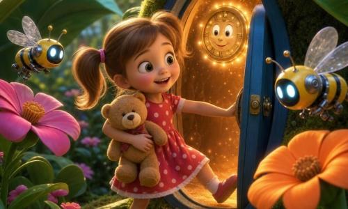 A joyful 4-year-old girl with light brown pigtails and bright eyes, wearing a polka-dot dress and clutching a teddy in her right arm, steps through a small blue round door and smiles with curiosity; a friendly golden clock-dial with a glowing face floats above the threshold, two yellow-and-silver bee-robots with translucent wings buzz at her head height among oversized saturated flowers and giant emerald-leaf umbrellas in a fantastical garden with soft mossy ground, warm portal light and sparkling particles conveying a safe, wondrous transition into the garden of time.