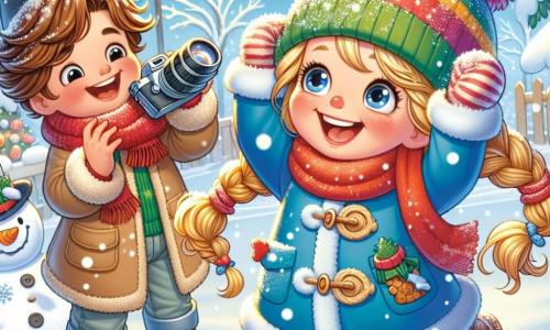 Ein siebenjähriges Mädchen namens Emma mit langen, geflochtenen blonden Haaren trägt einen bunten Schneemantel und einen roten Schal. Sie hat ein großes Lächeln im Gesicht, ihre Augen strahlen vor Freude, während sie die Arme hebt, um fallende Schneeflocken zu fangen. Neben ihr steht ihr bester Freund Max, ein siebenjähriger Junge mit zerzausten braunen Haaren, der eine blaue Mütze und einen grünen Mantel trägt. Er hält eine Kamera und lacht, während er Fotos von Emma macht, um die Magie des Moments festzuhalten. Die Szene spielt in einem verschneiten Garten, wo der Boden mit einer dicken Schicht glitzernden Schnees bedeckt ist. Bäume mit schneebedeckten Ästen umgeben den Garten, und ein großer Schneemann mit einem Zylinder und einer Karotte als Nase steht stolz neben ihnen. Emma und Max haben Spaß im sanften Schnee, voller Freude und Staunen, und schaffen unvergessliche Wintererinnerungen.