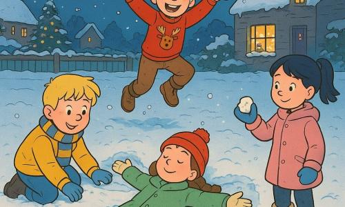 There are four children: Clara (girl, ~9) lying on her back center making a large snow angel, brown braided hair, red pompom hat, light green coat and cream gloves; Sam (boy, ~8) to her left, blond, striped blue-and-gold scarf, kneeling and smoothing snow with a smile; Mia (girl, ~8) to her right, black pigtails, dusty-pink coat, standing and shaking snow from a mitten; Tom (boy, ~9) behind Clara, tousled red hair, reindeer sweater, joyfully jumping with snowflakes flying; setting: a village garden on Christmas night with powdery sparkling snow, a snowy wooden fence, a decorated tree near a window glowing warm yellow, frosty roofs and chimneys, a silver full moon in an indigo starry sky; scene: the four children making a moonlit snow angel surrounded by footprints and small snowballs, visible breath in the cold and a plate of cookies on the doorstep, warm atmosphere despite the chill.